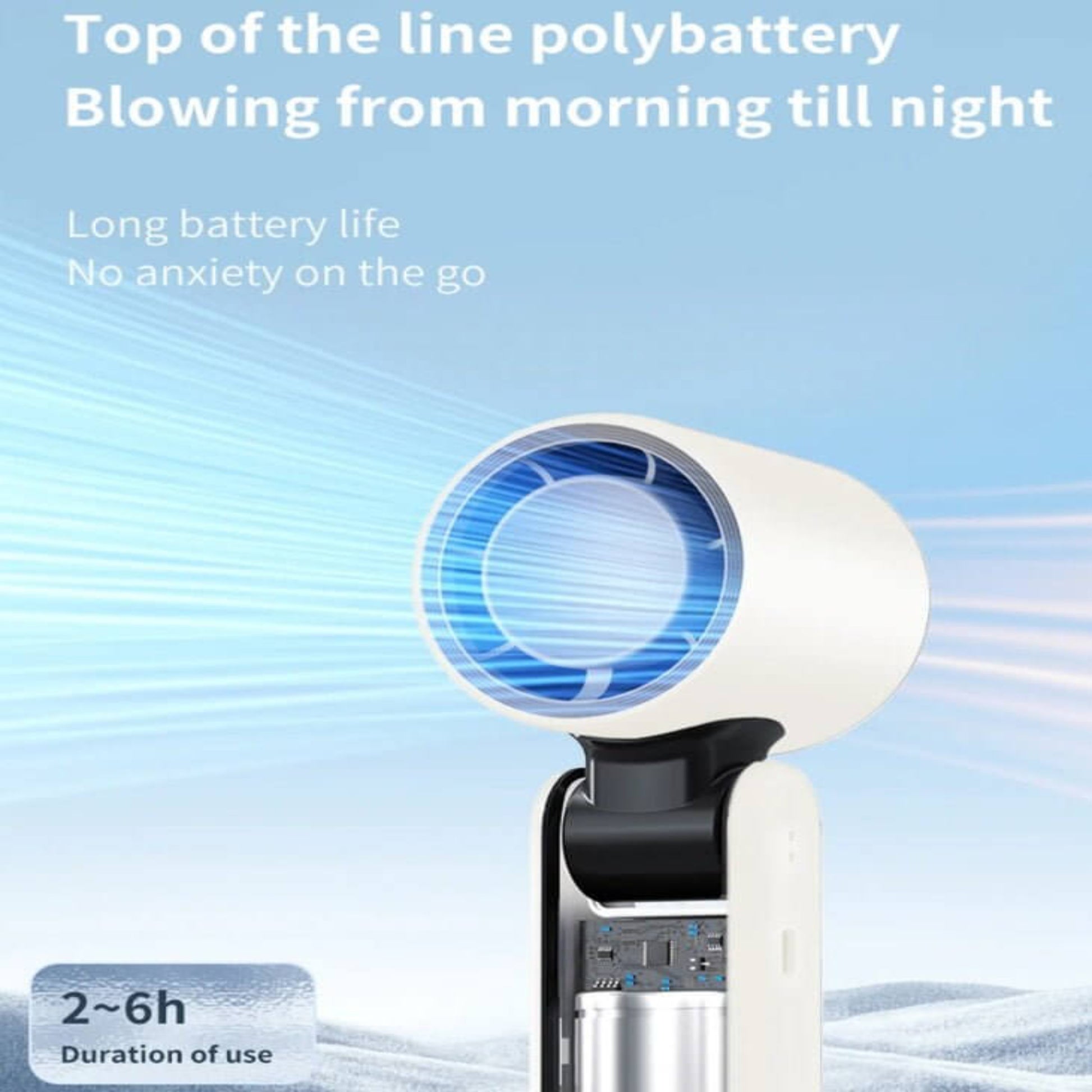 Mini handheld turbofan with polybattery for long-lasting cooling, ideal for outdoor adventures and daily use.