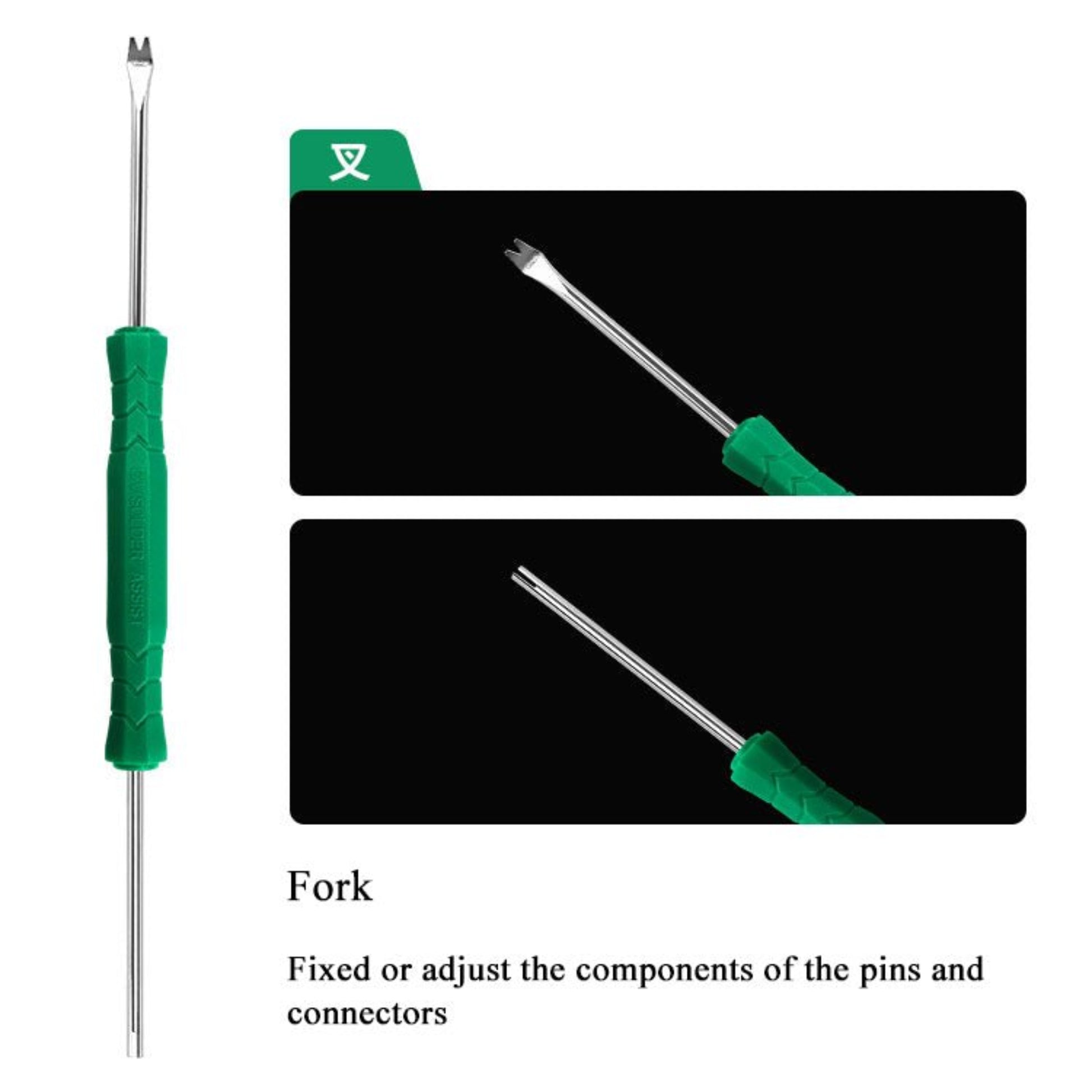Precision fork tool for fixing or adjusting PCB components, ideal for soldering and electronic repairs.