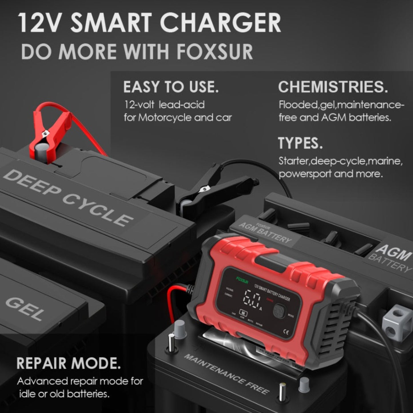 FOXSUR 12V Smart Charger for lead-acid, gel, and AGM batteries with clips for car and motorcycle maintenance.