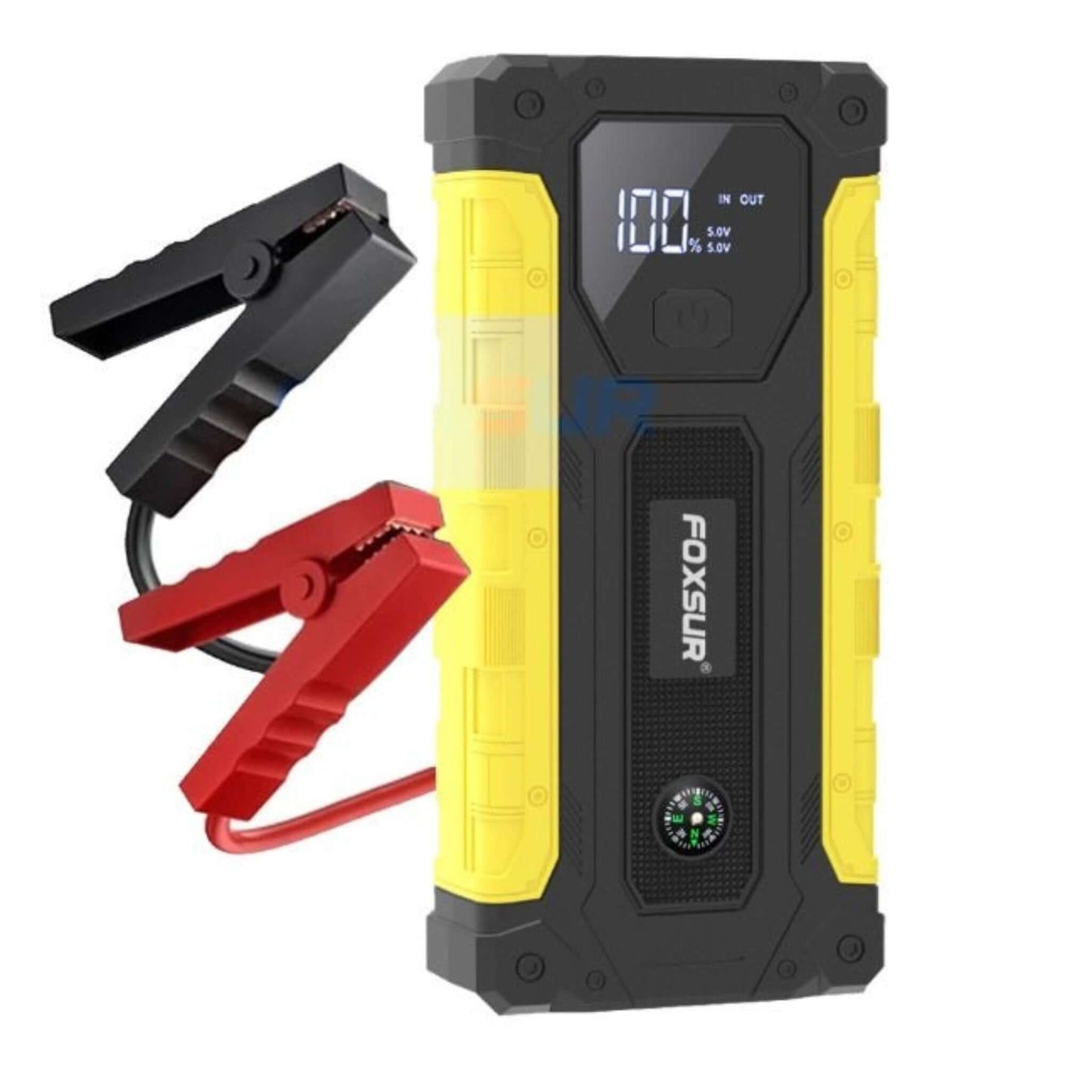 Foxsur 800A Peak Car Jump Starter with clamps and digital display, compact power bank for roadside assistance.