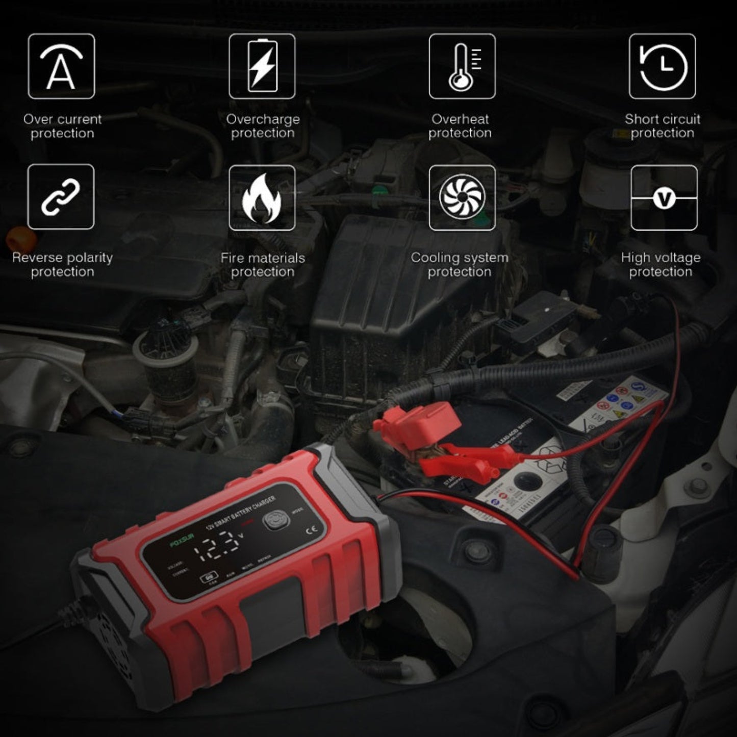 FOXSUR 12V 6A Smart Battery Charger with safety features under the hood of a car.