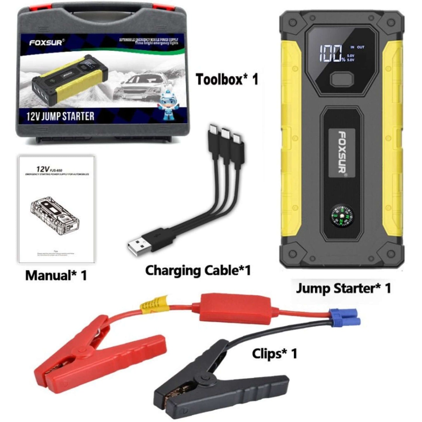 Foxsur 800A peak car jump starter kit with toolbox, manual, charging cable, jumper clips, and portable power bank.
