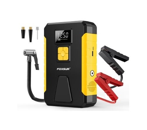FOXSUR 12V Car Jump Starter and Tire Inflator with display and accessories for roadside emergencies.