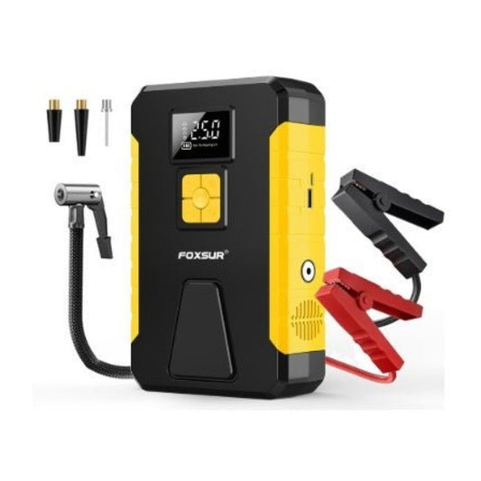 FOXSUR 12V Car Jump Starter and Tire Inflator with display and accessories for roadside emergencies.