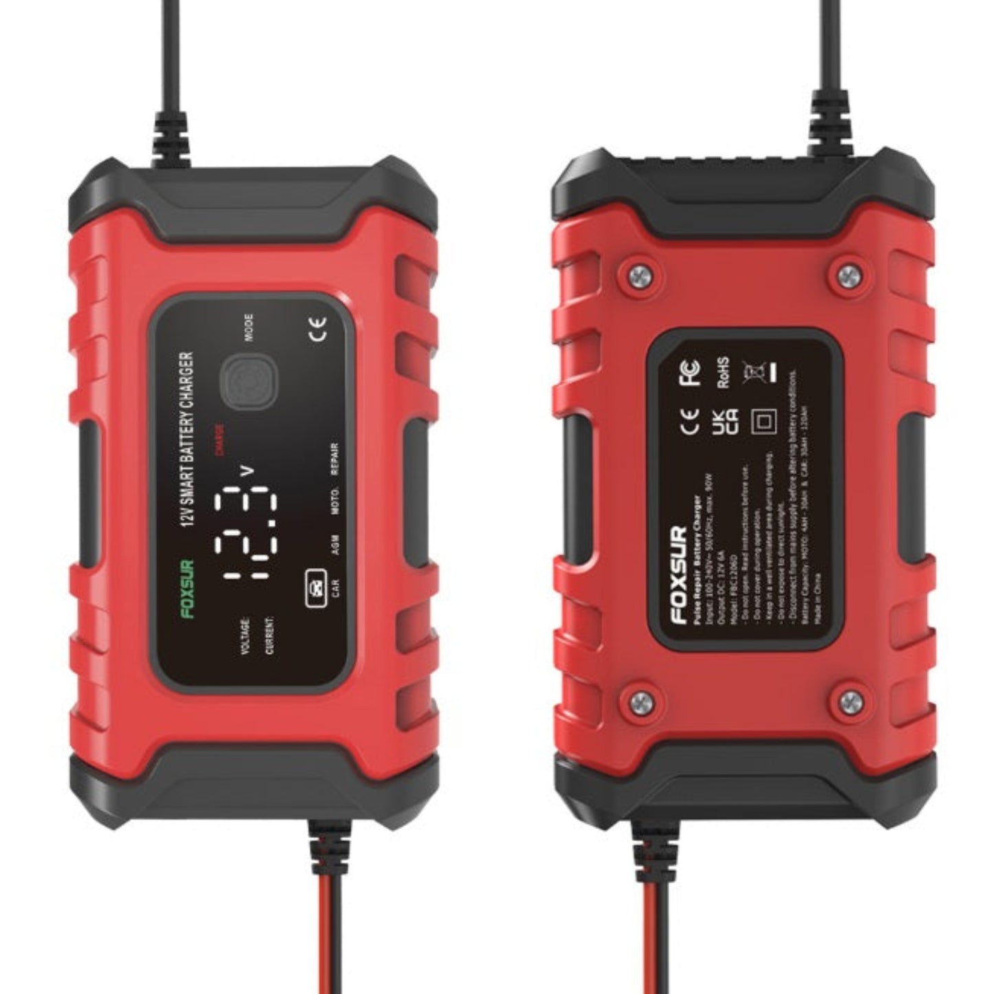 FOXSUR 12V 6A Smart Battery Charger for cars and motorcycles, showcasing its durable design and digital display.