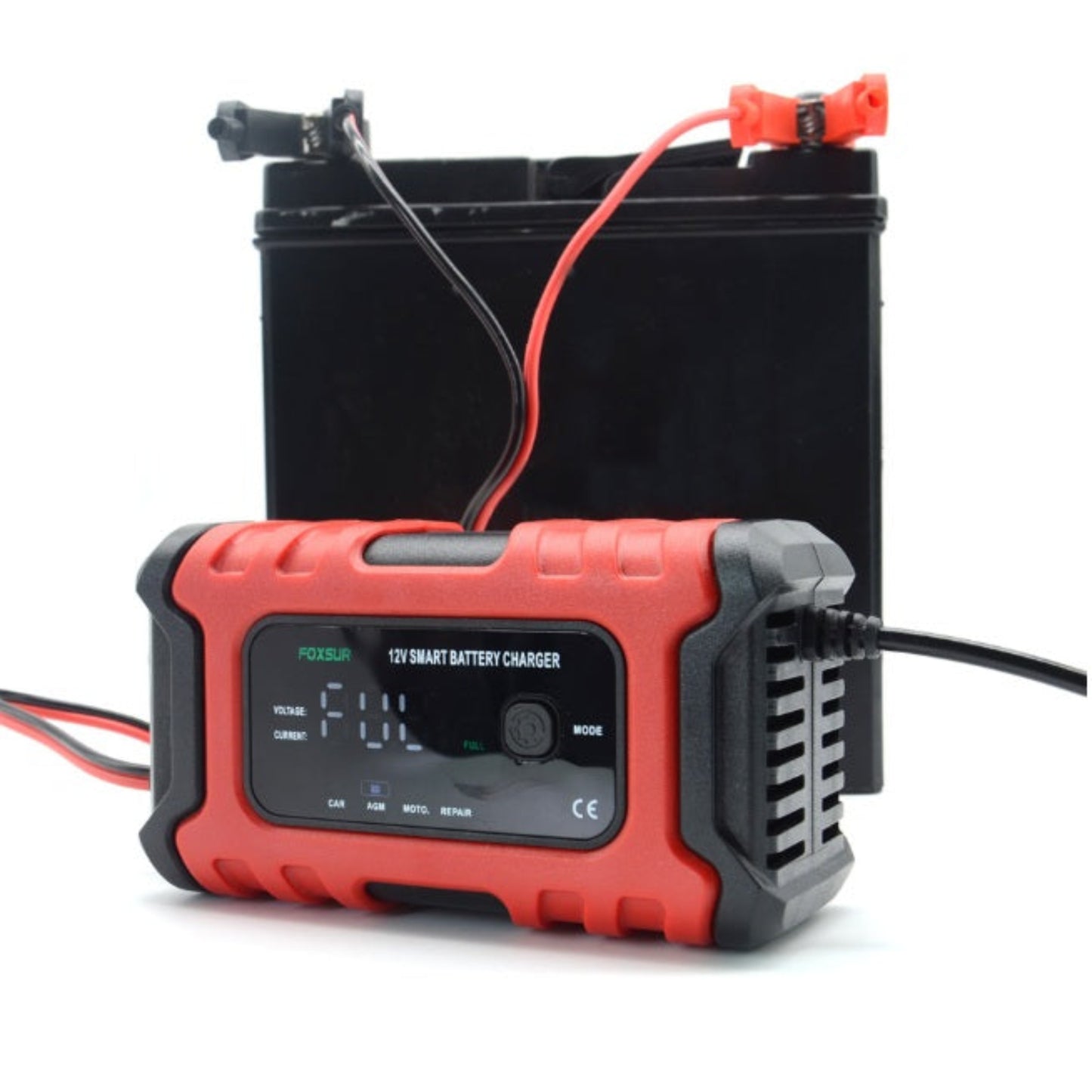 FOXSUR 12V 6A Smart Battery Charger connected to a vehicle battery, showcasing intelligent charging features.