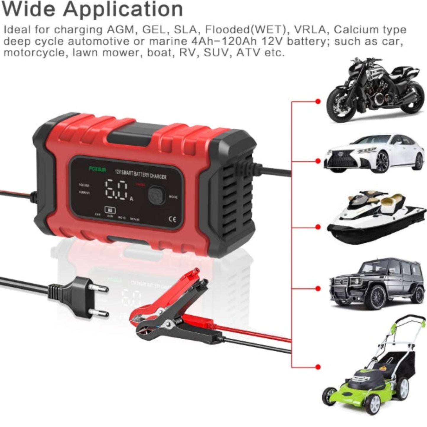 FOXSUR 12V 6A Smart Battery Charger with wide application for cars, motorcycles, boats, and more.