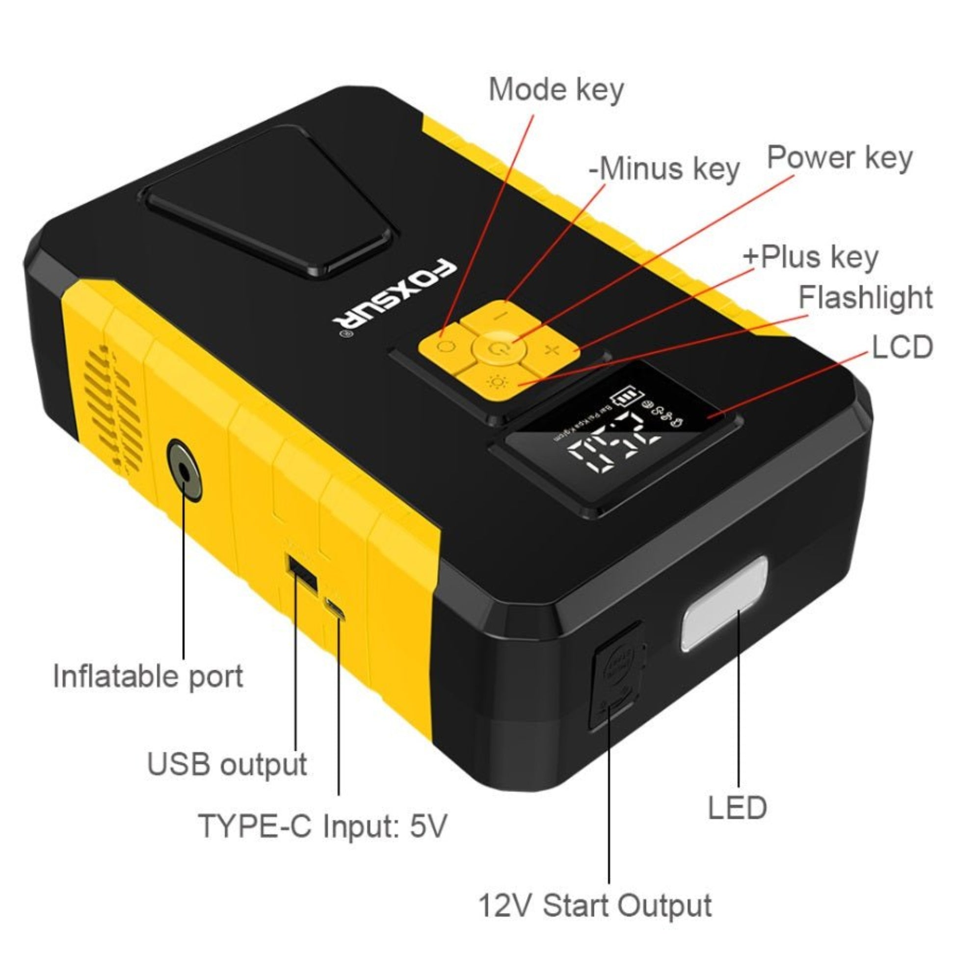 FOXSUR 12V Car Jump Starter with tire inflator features, USB output, LCD display, and LED flashlight.