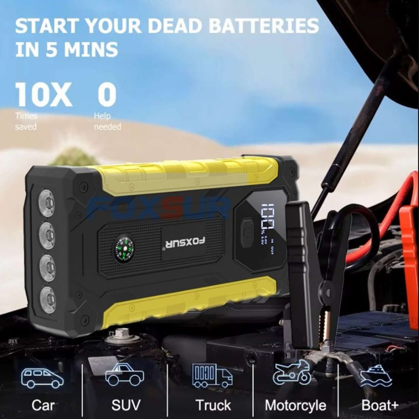 Foxsur 800A peak car jump starter for quick battery boosts in cars, SUVs, motorcycles, and boats.