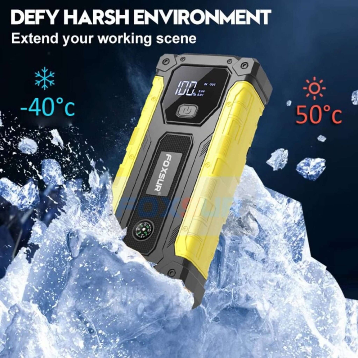 Foxsur portable jump starter showcasing weather resistance in extreme temperatures from -40°C to 50°C.