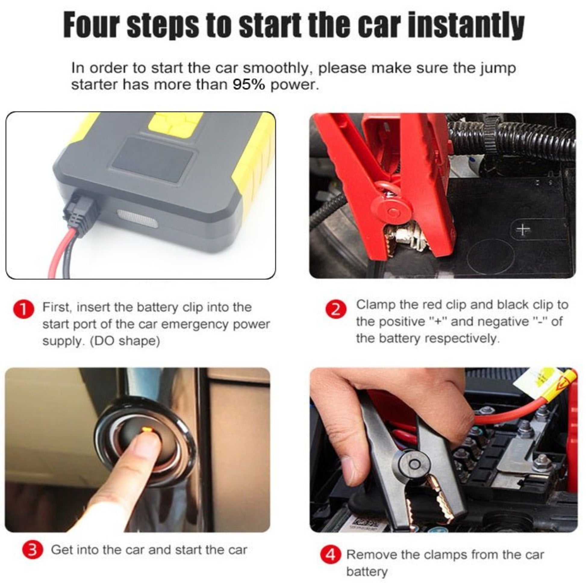 Instructions for using the FOXSUR 12V Car Jump Starter in four simple steps.