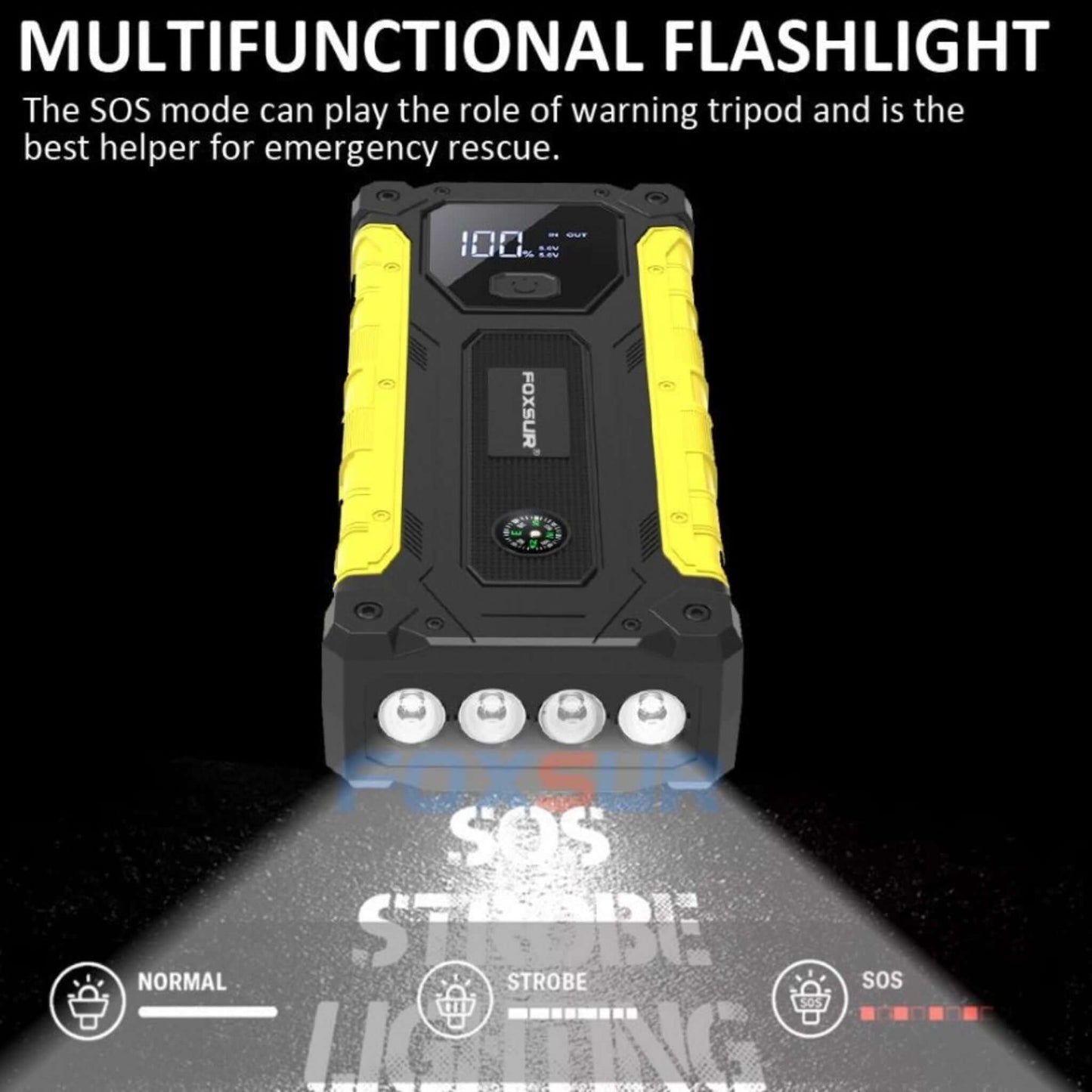 Foxsur multifunctional flashlight with SOS mode, ideal for emergency rescue and outdoor activities.