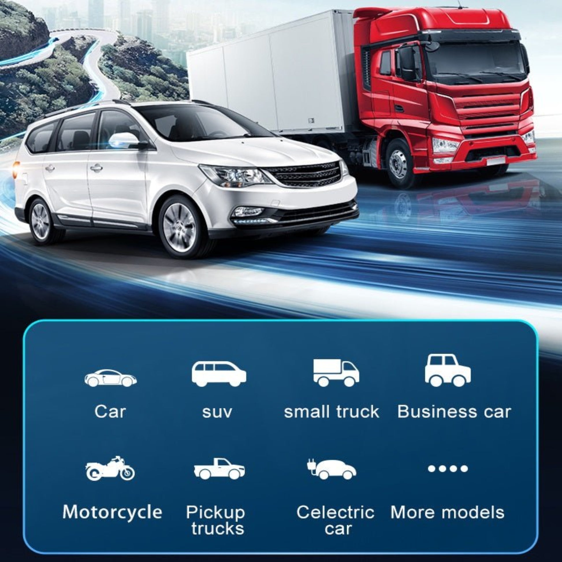 Image showcasing various vehicle types including cars, trucks, and motorcycles on a highway background.