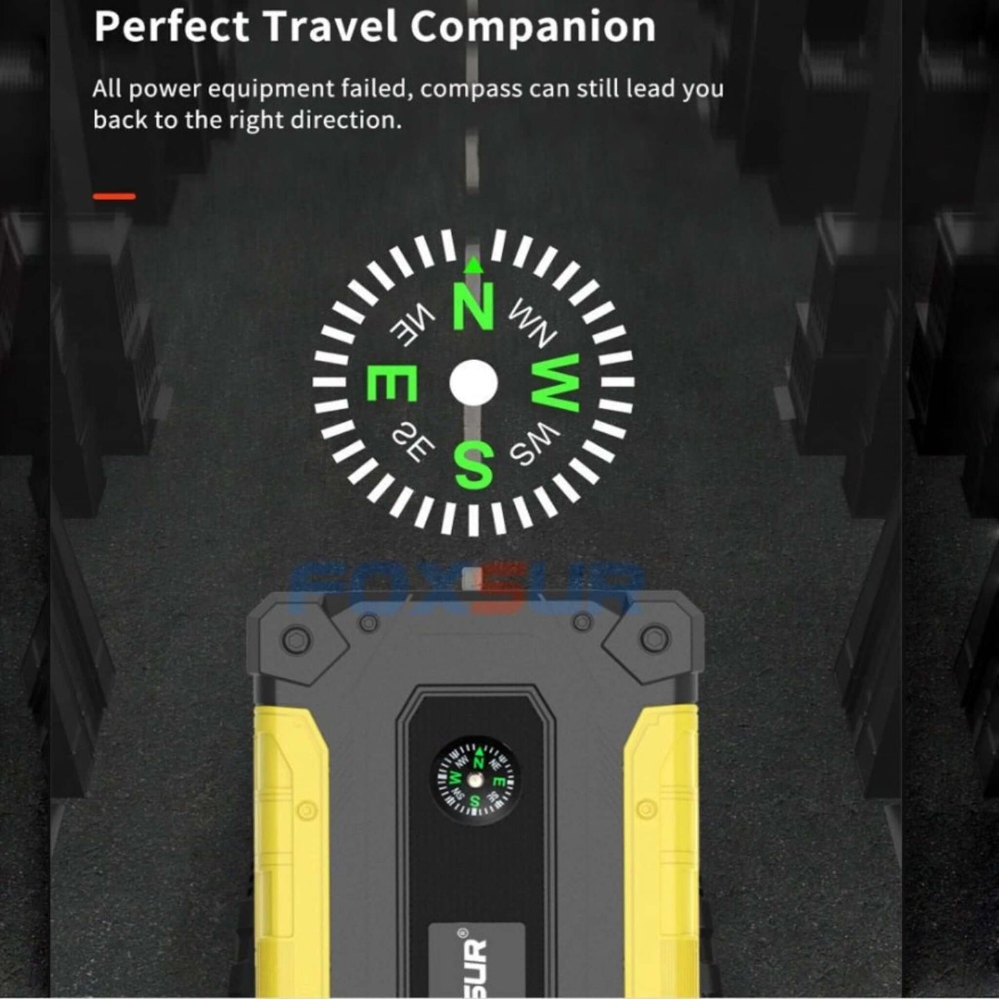 Foxsur car jump starter featuring a compass, ideal for travel and roadside emergencies.