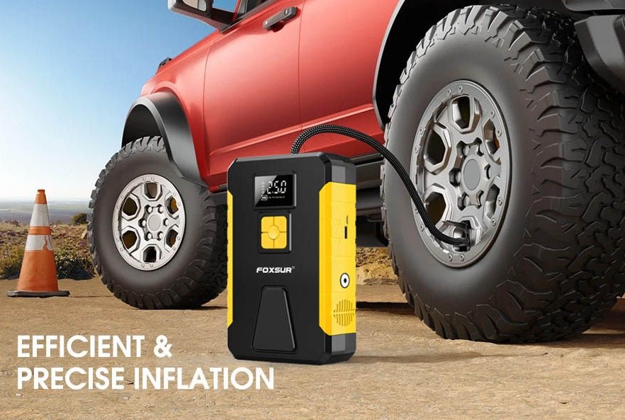 FOXSUR 12V jump starter and tire inflator next to a car tire, showcasing efficient and precise inflation.