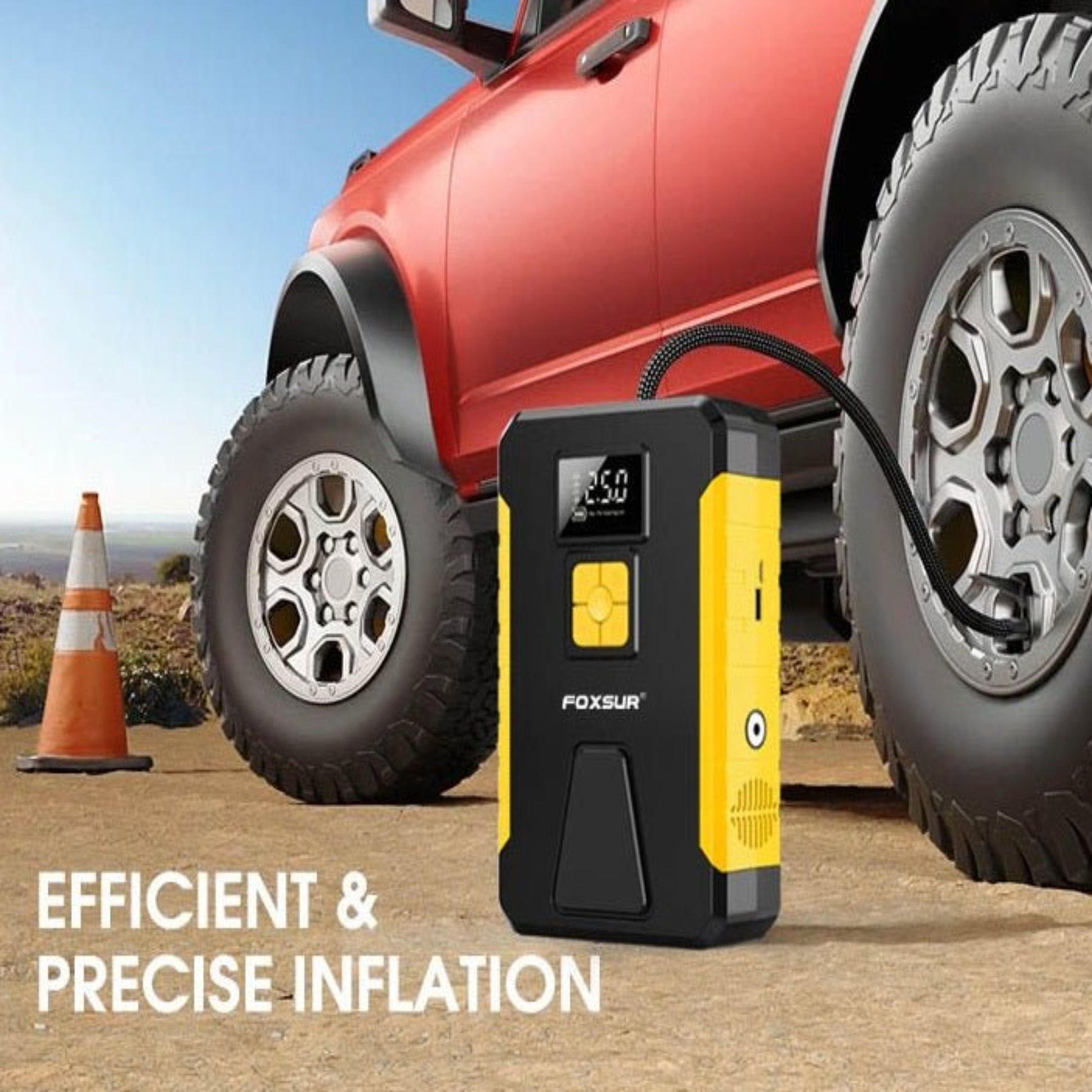 FOXSUR 12V jump starter and tire inflator next to a car tire, showcasing efficient and precise inflation.
