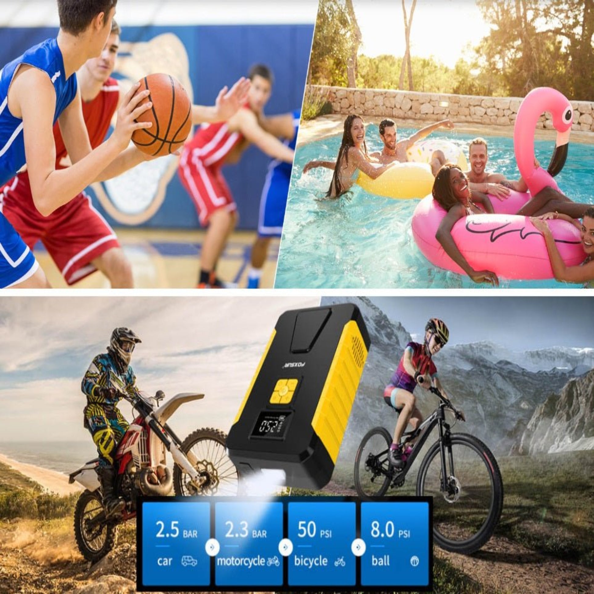 Collage of active lifestyle scenes with FOXSUR 12V Jump Starter & Tire Inflator for sports, swimming, and biking.