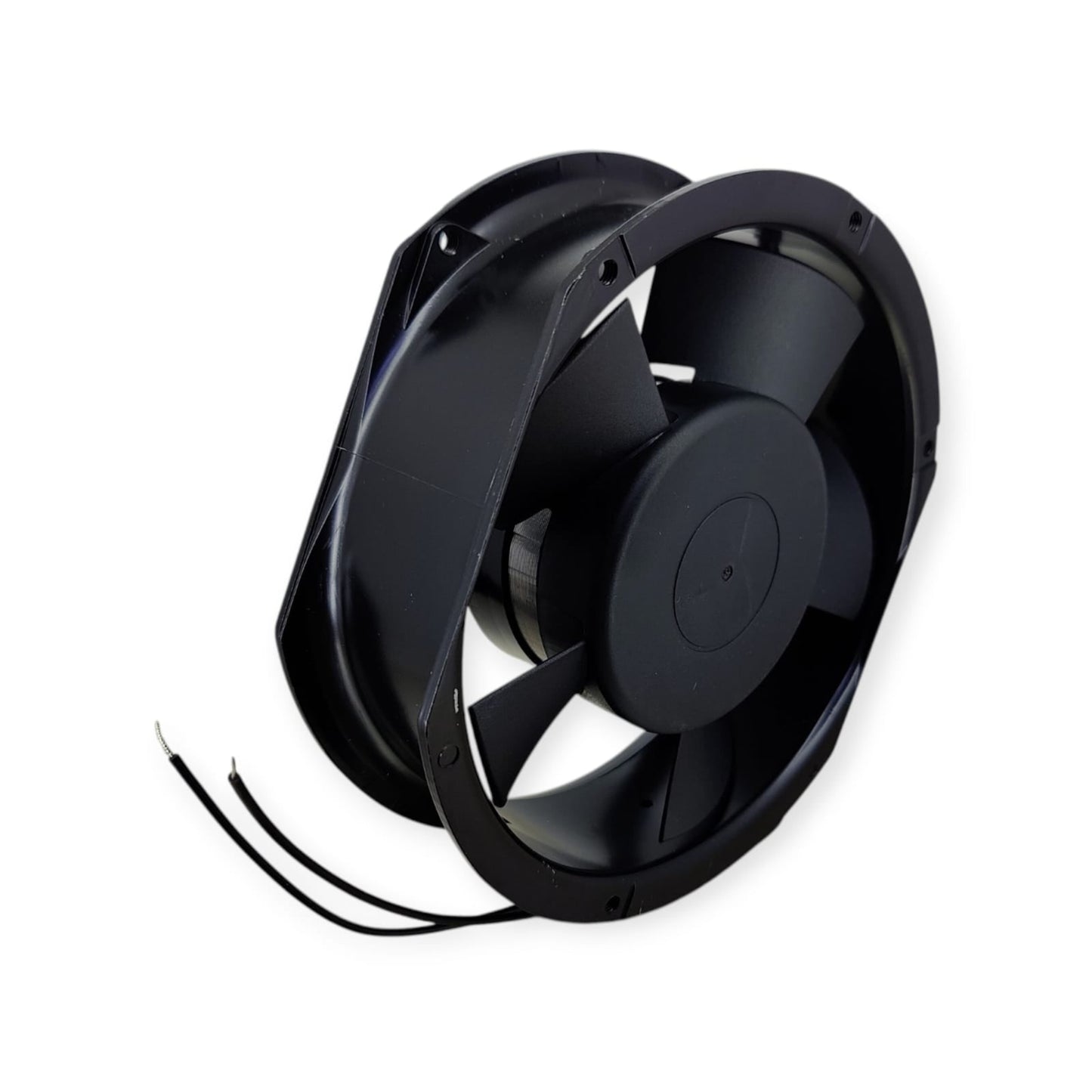 Side angle view of black 38W Industrial AC cooling fan FP-108EX-S1-B with power wires.