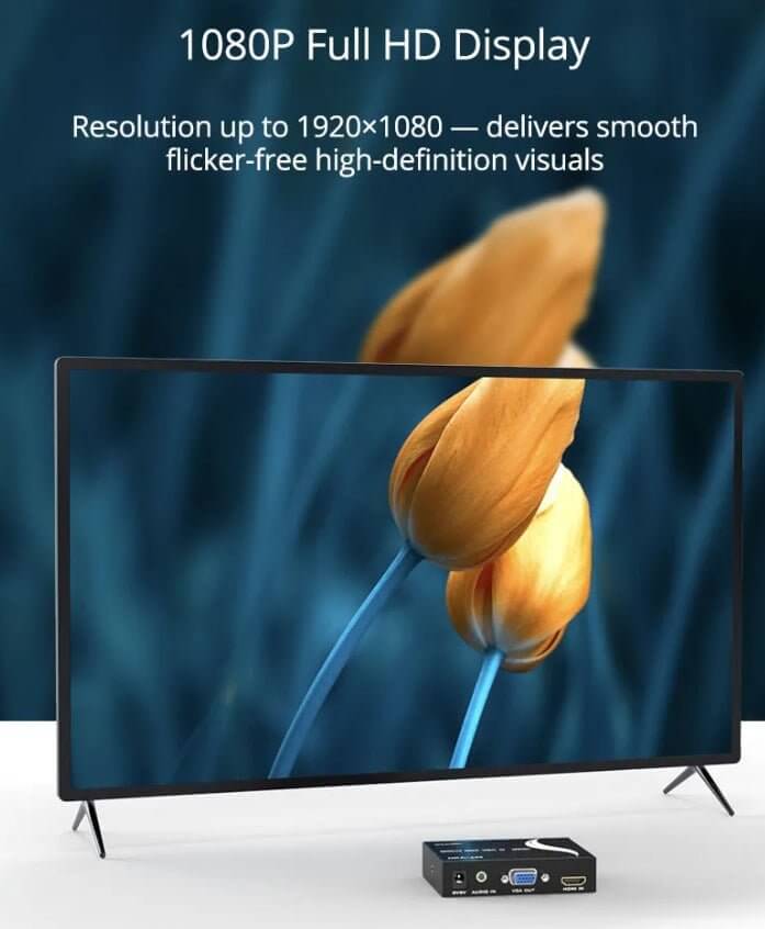 1080P Full HD display showcasing vibrant flowers, highlighting high-definition visuals with HDMI to VGA converter.