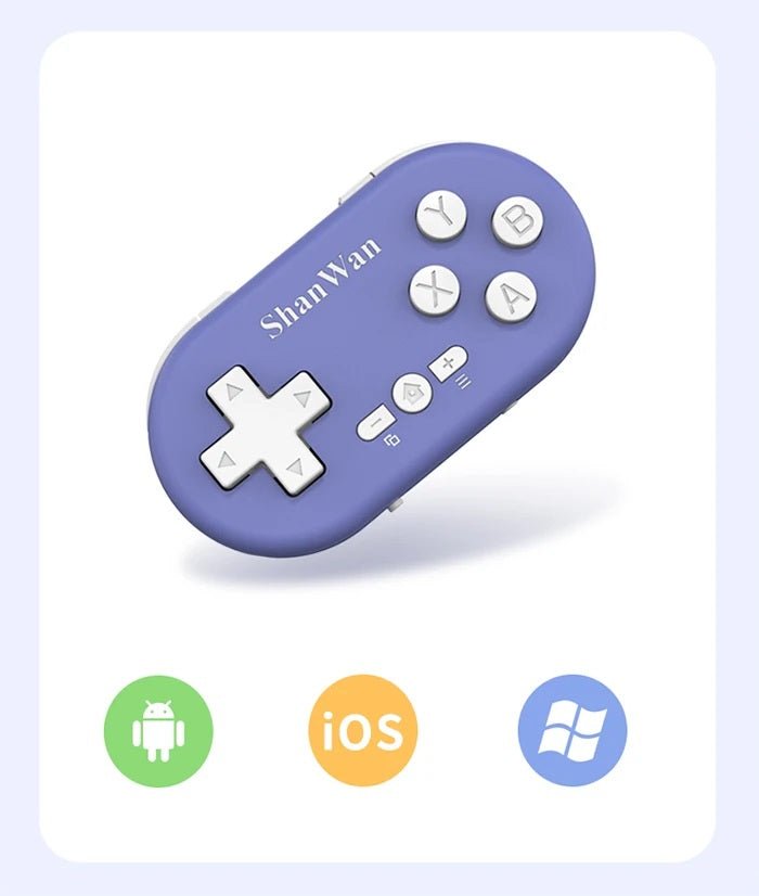 Micro wireless Bluetooth game controller for Android, iOS, and Windows, pocket-sized and portable design.