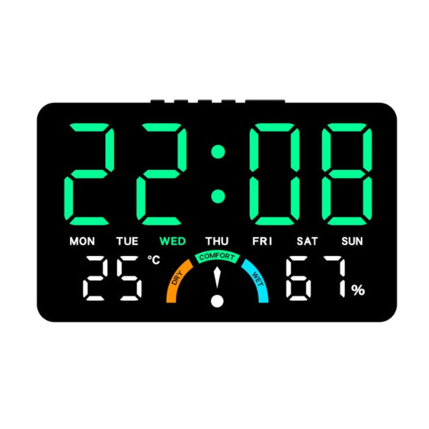 Front display of the GH9007 LED digital alarm clock showing the time (22:08), Wednesday, 25°C temperature, and 67% humidity with a 'Comfort' level indicator.