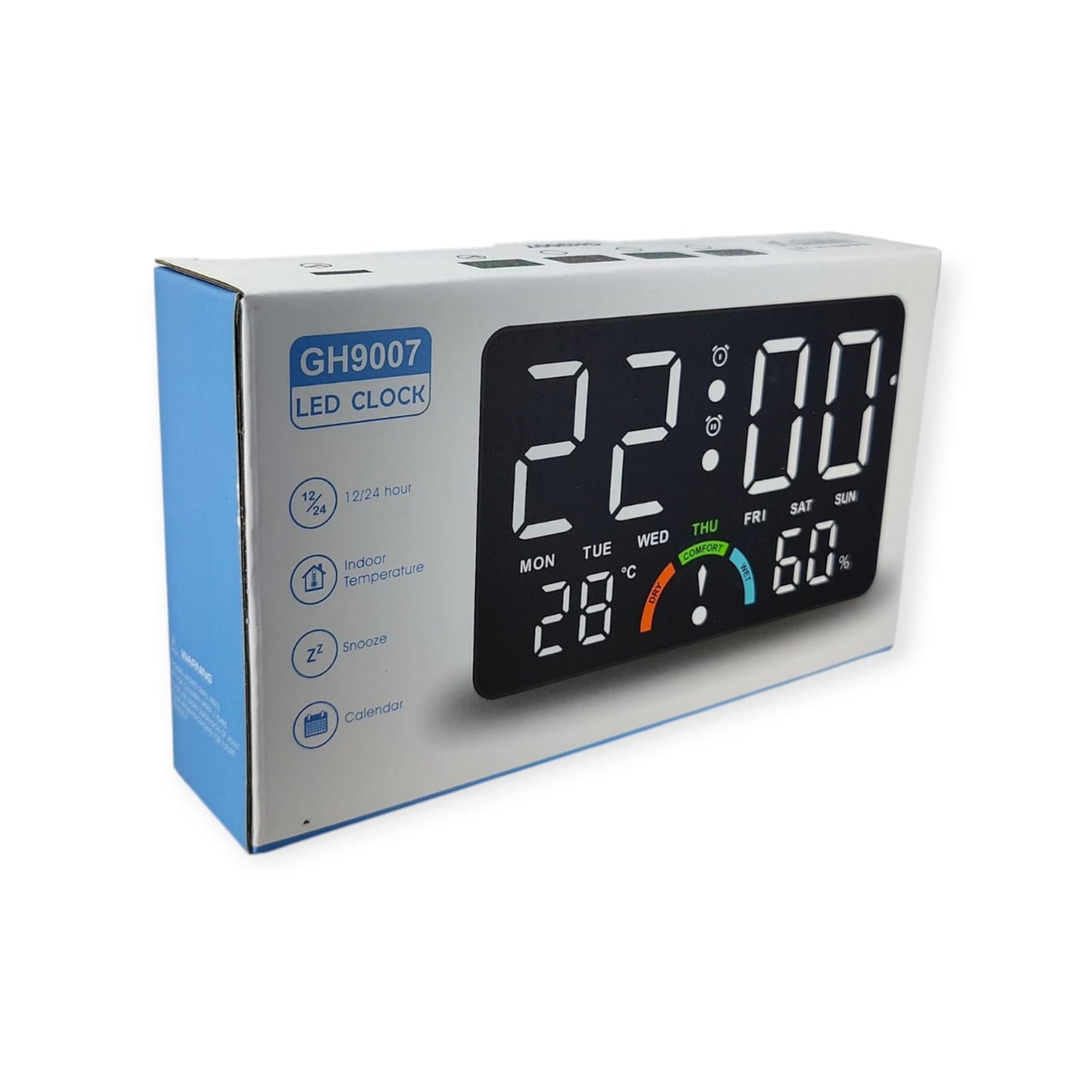 The retail packaging box for the GH9007 LED Clock, showing a picture of the clock face and listing its main features like 12/24 hour, Indoor Temperature, Snooze, and Calendar.
