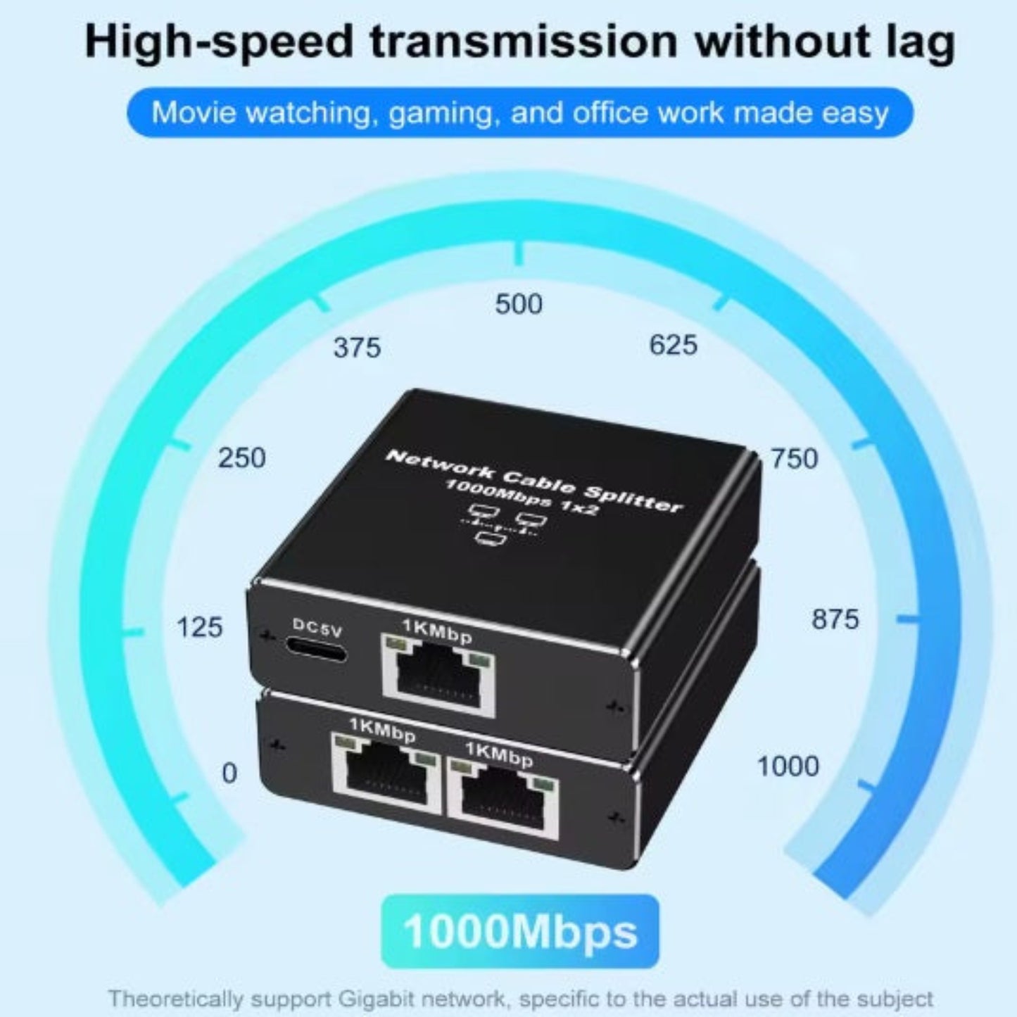 A side shot of the Gigabit Ethernet splitter, showcasing its sleek finish and durable casing.