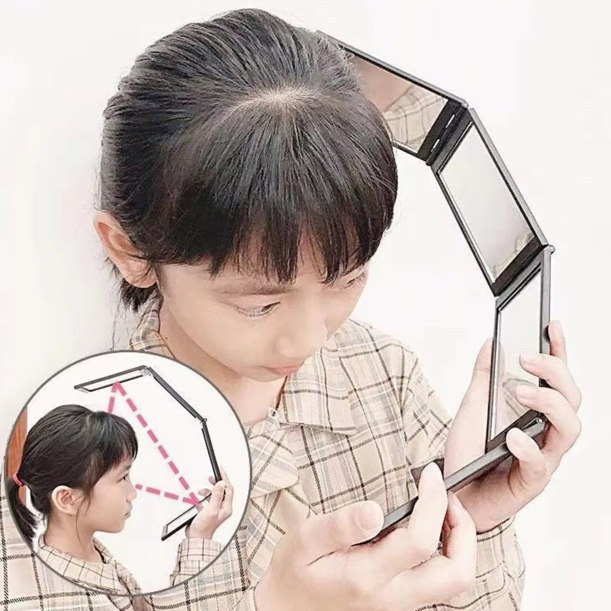 4-Way 360° Folding Mirror shown in use by a child for hairstyle and makeup applications, demonstrating flexibility and view.
