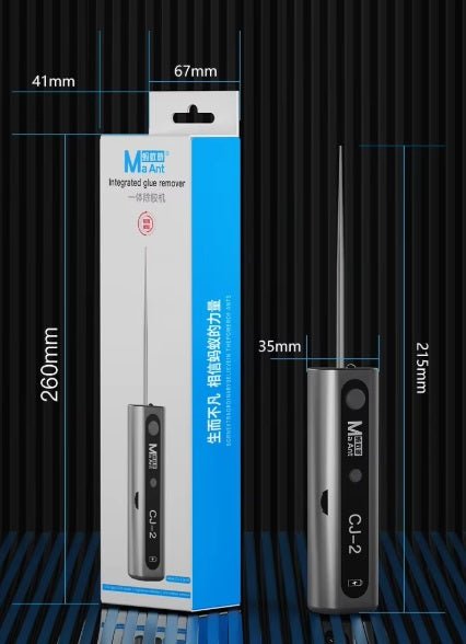 MaAnt CJ-2 Integrated Glue Remover tool with dimensions for mobile phone repair on a black background.