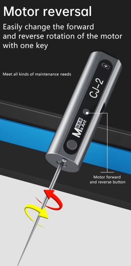 CJ-2 electric glue remover showing motor reversal feature with forward and reverse rotation buttons for easy operation.