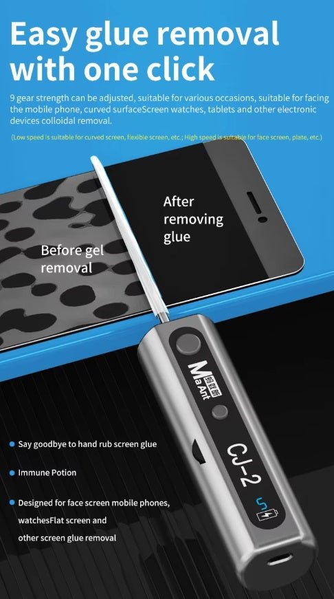 Integrated Glue Remover tool for easy glue removal from mobile devices, featuring adjustable strength and precise cleaning technology.