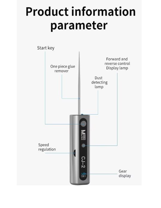 Integrated Glue Remover tool with labeled features for cellphone repair, including start key and speed regulation.