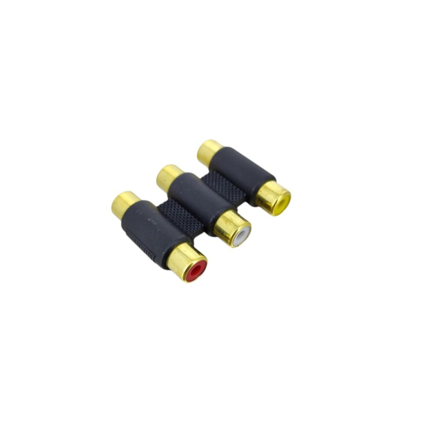 Gold-plated RCA female to female coupler set for audio and video extension, ensuring superior signal transfer.