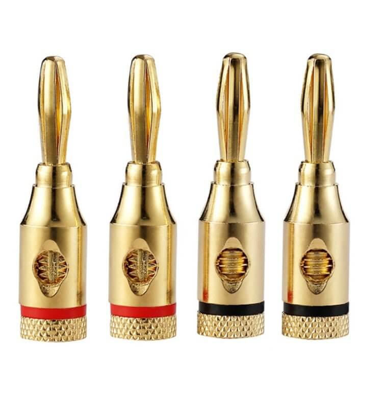 Gold-plated solderless speaker banana plugs in a 4-pack for secure audio connections.