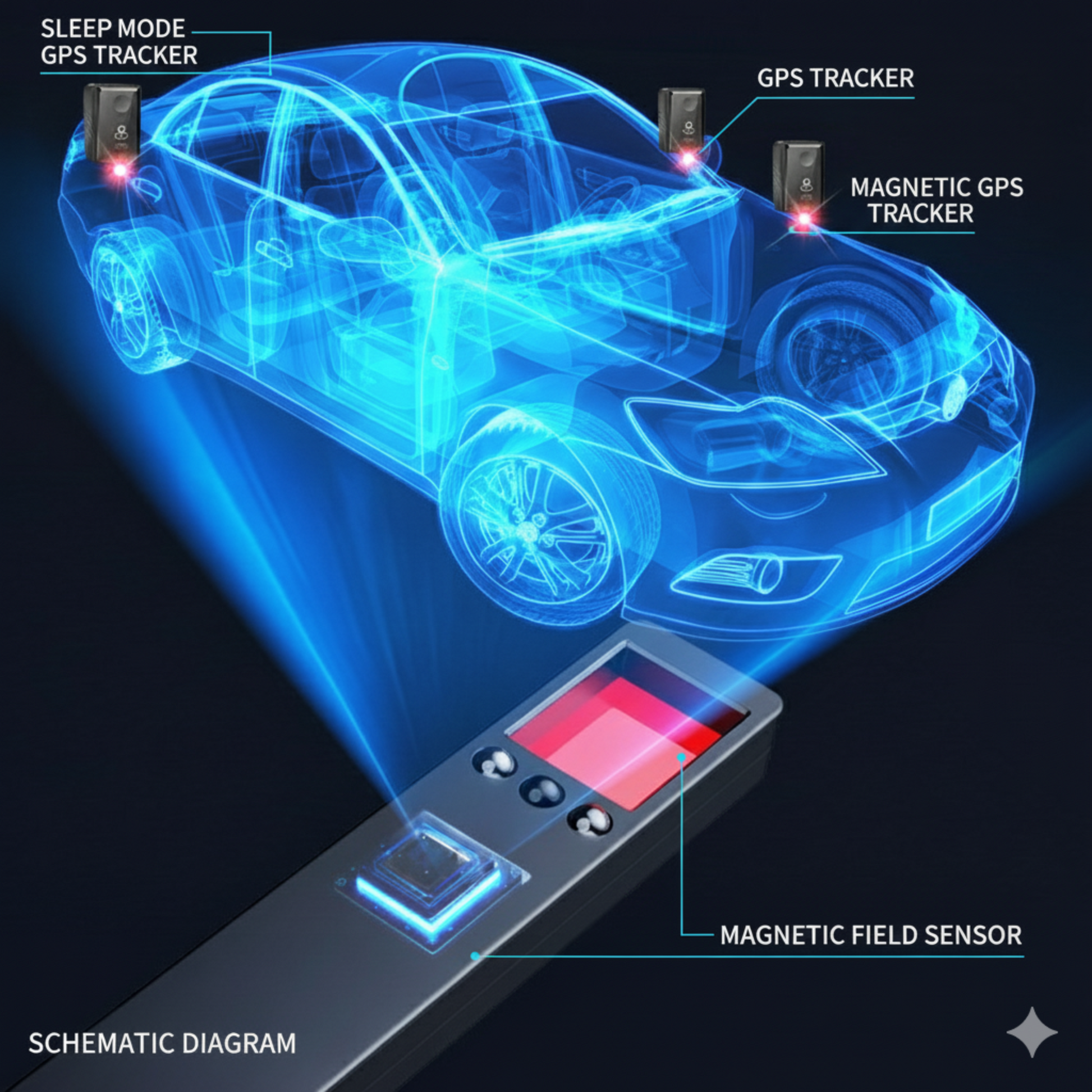High-sensitivity detector to locate hidden GPS trackers in your car or home.