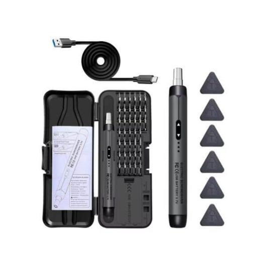 46-in-1 precision electric screwdriver set for electronics repair, complete with bits, USB charger, and prying tools.