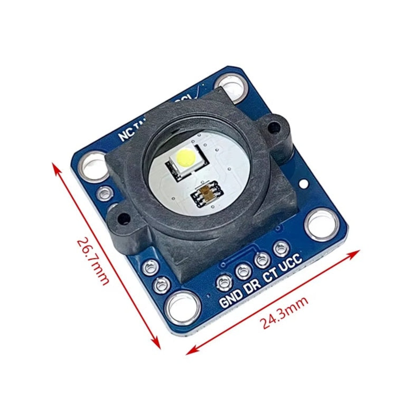 標示了精確尺寸的 GY-33 顏色感測器模組,長度為 26.7mm,寬度為 24.3mm。