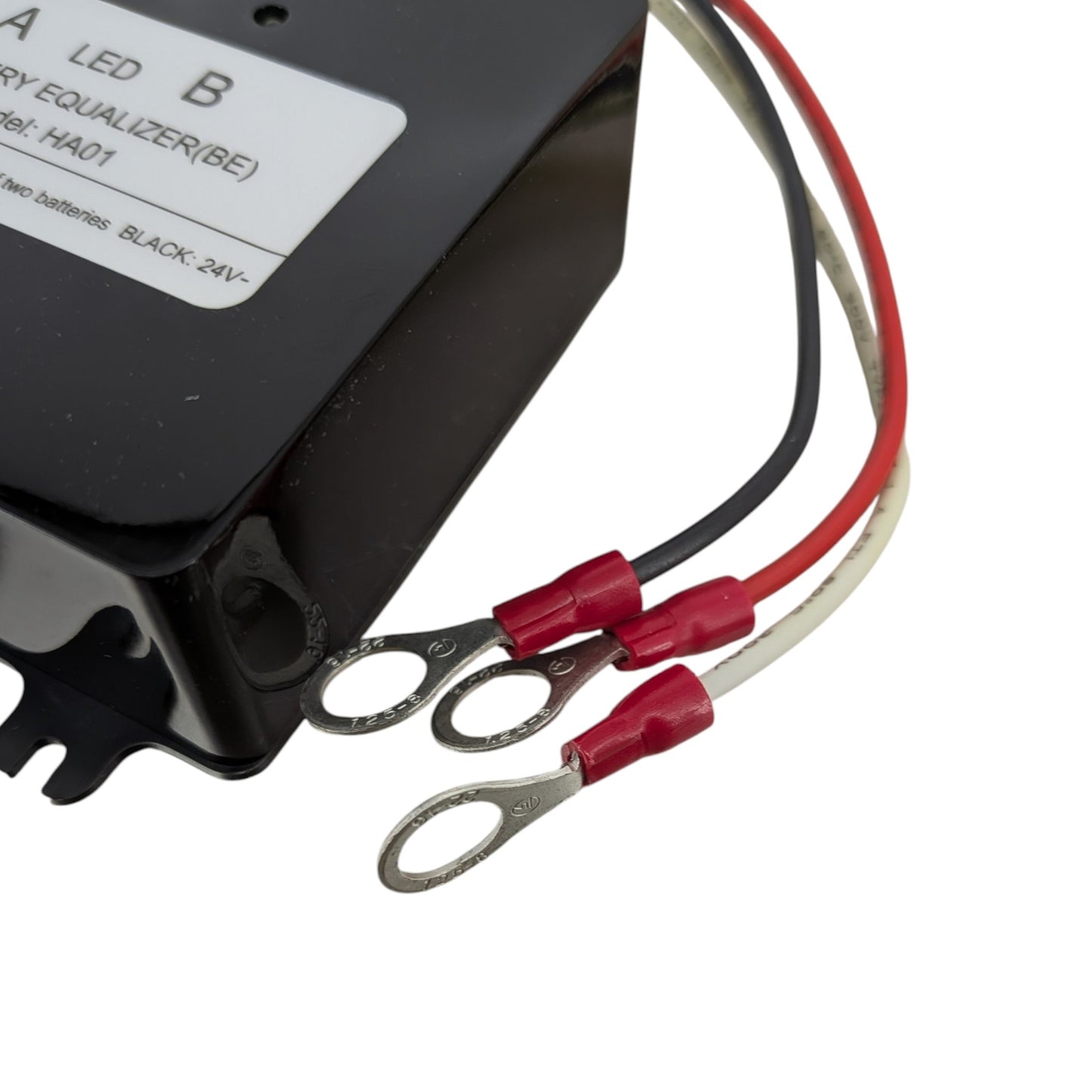 Close-up of the robust ring terminals on the HA01 battery equalizer, ensuring a secure connection to battery posts.