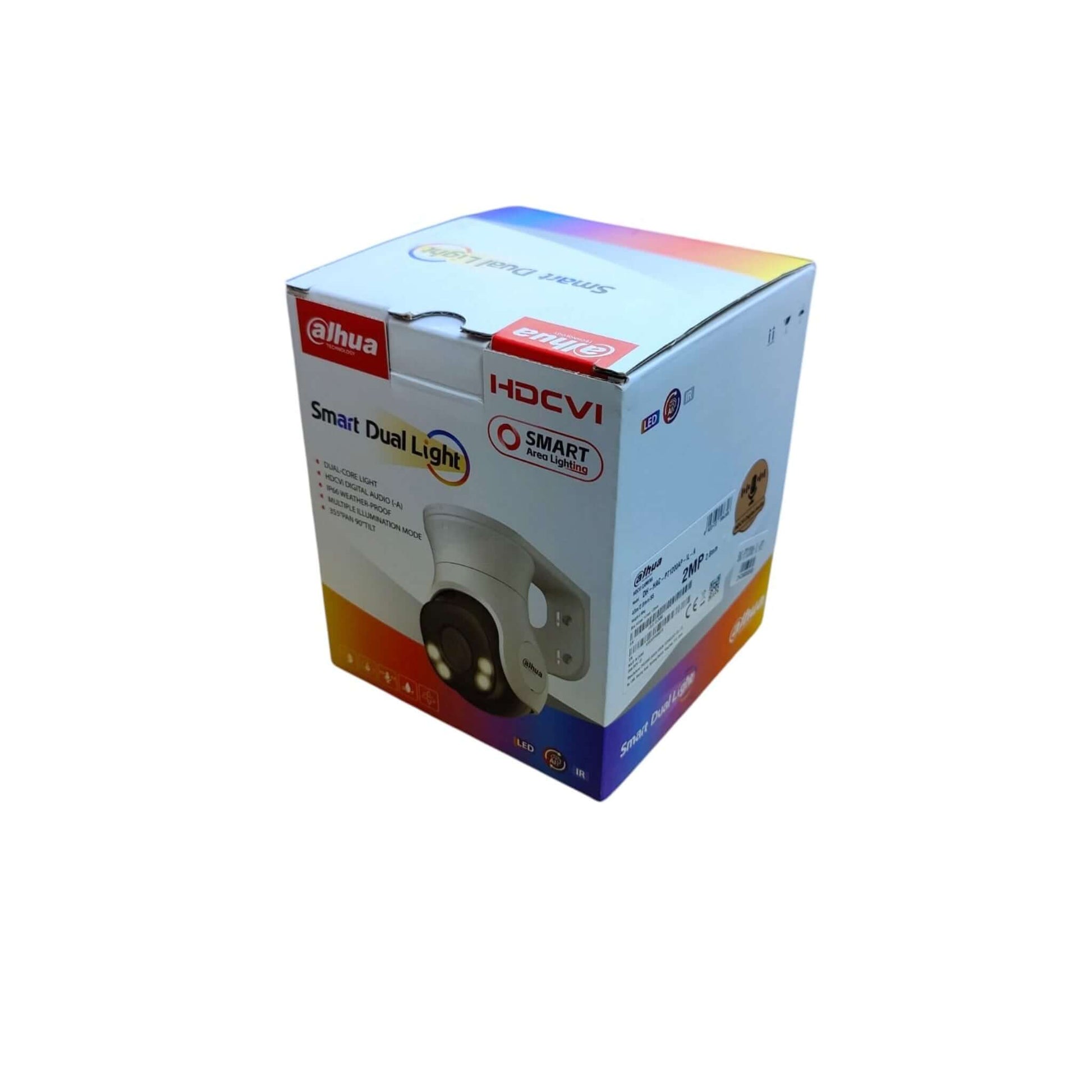 Retail packaging for Dahua HAC-PT1200A-IL-A 2MP Smart Dual Light HDCVI camera, showing key features.