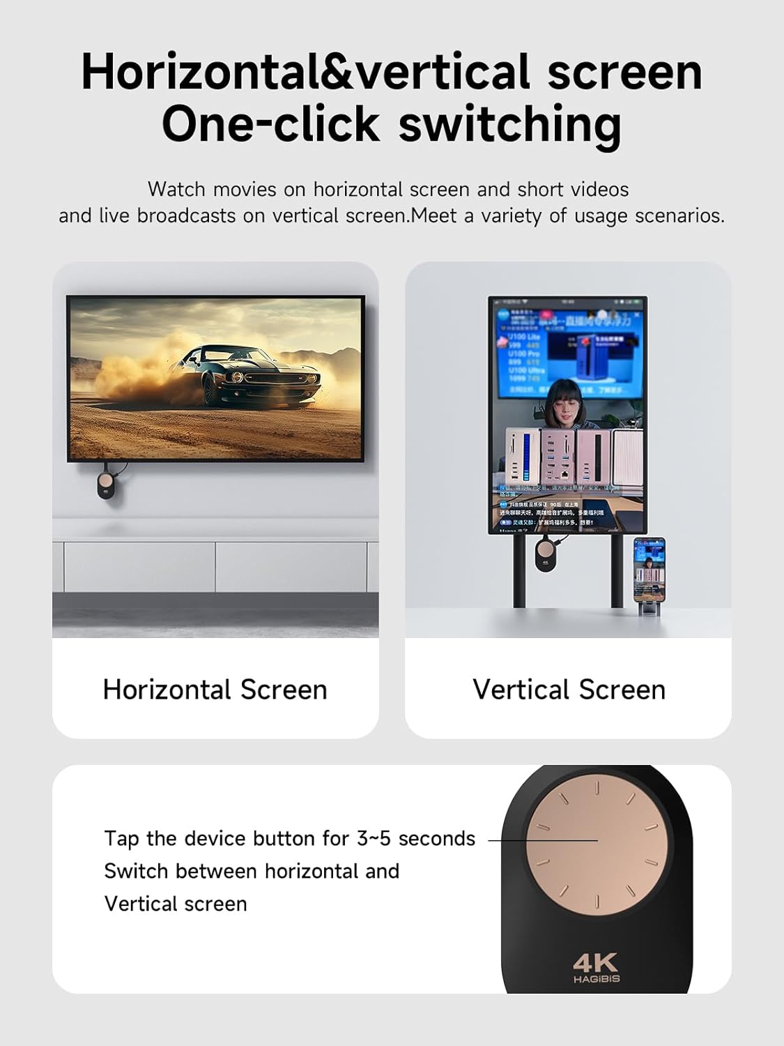 Hagibis adapter showcasing horizontal and vertical screen switching for versatile viewing experiences.