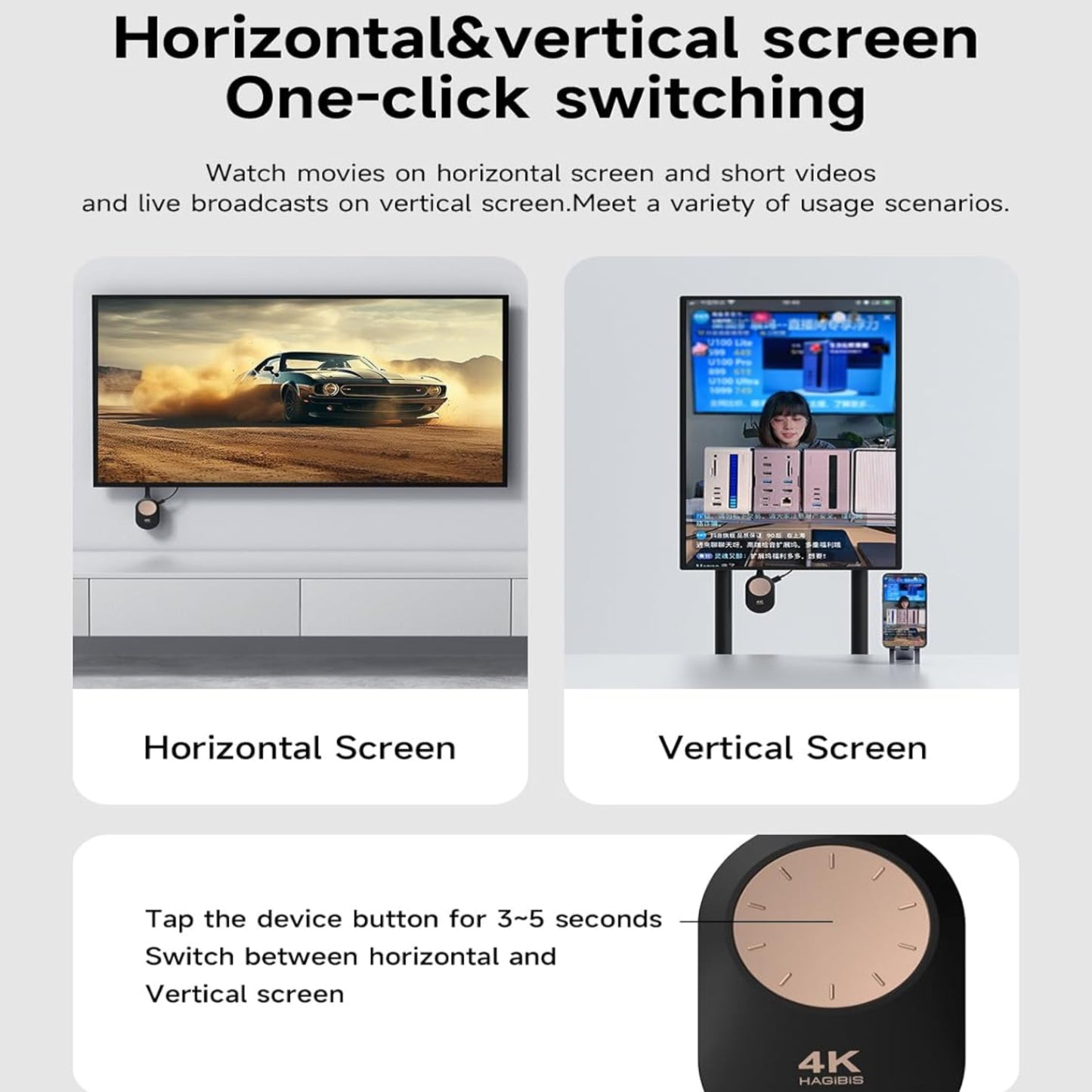 Hagibis adapter showcasing horizontal and vertical screen switching for versatile viewing experiences.