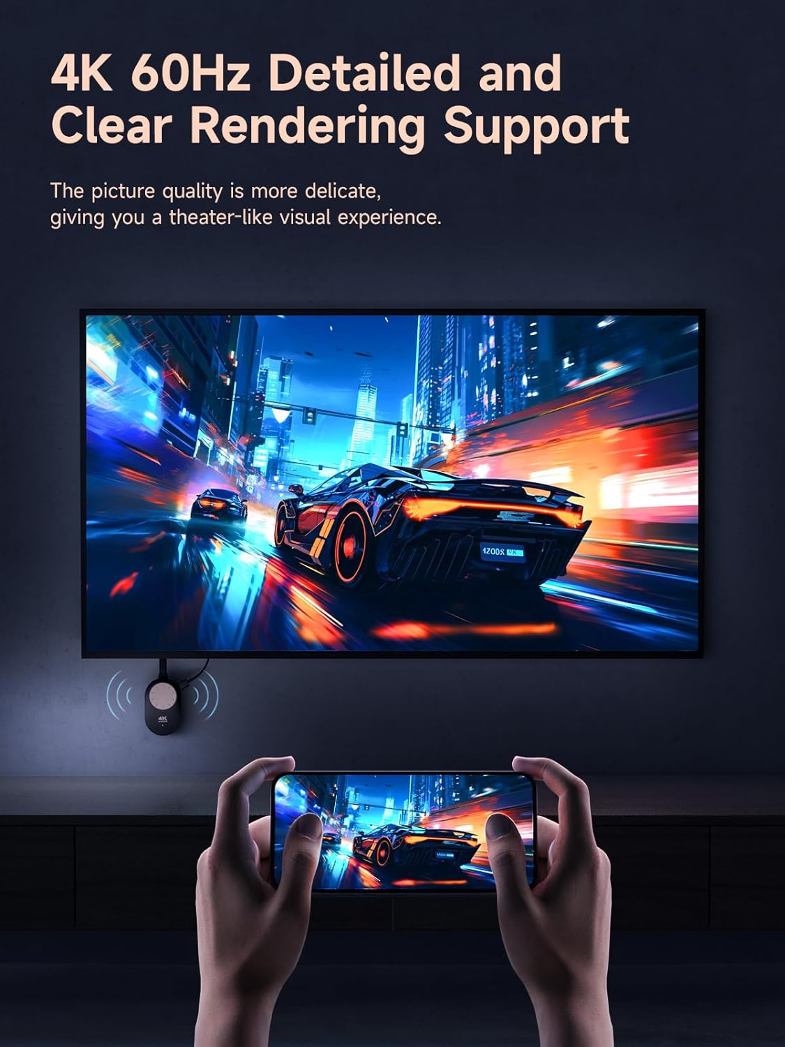 4K 60Hz wireless HDMI dongle adapter displaying vibrant visuals from a smartphone to a TV.