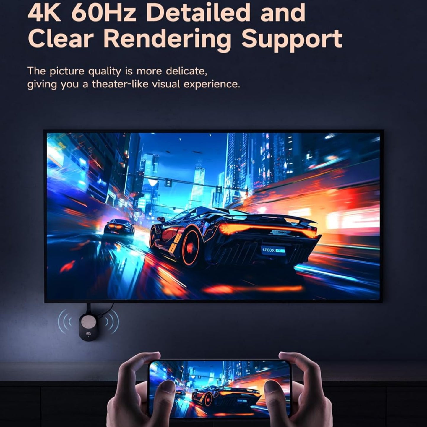 4K 60Hz wireless HDMI dongle adapter displaying vibrant visuals from a smartphone to a TV.
