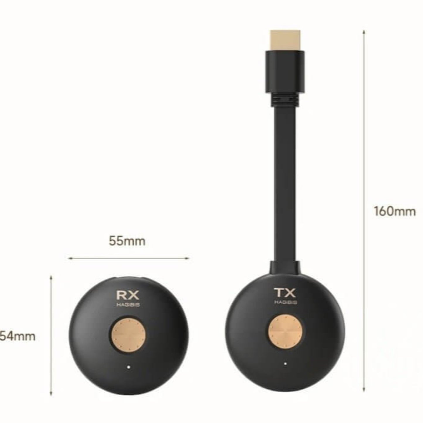 Hagibis G10W Pro Wireless HDMI Extender Kit dimensions showing RX and TX units for easy connectivity.