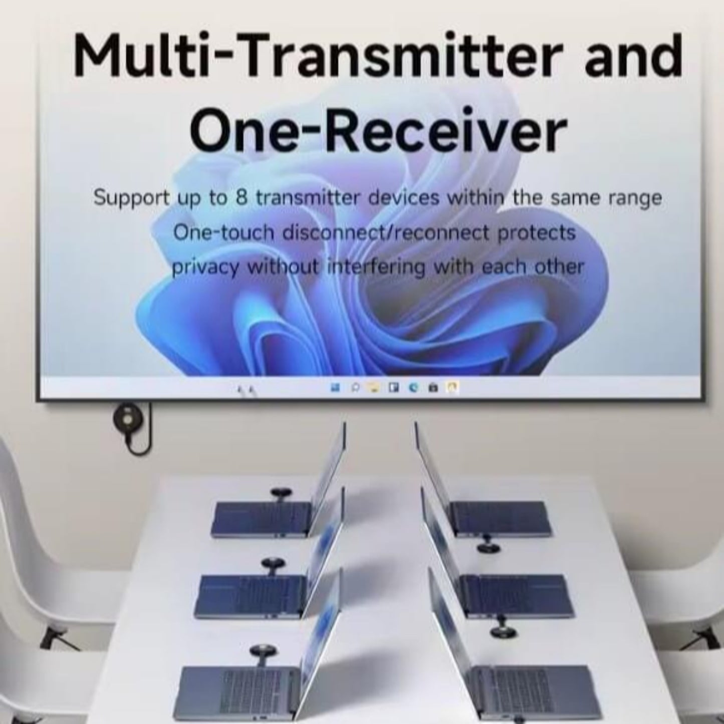 Multi-transmitter and one-receiver setup with laptops on a table, showcasing connectivity features.