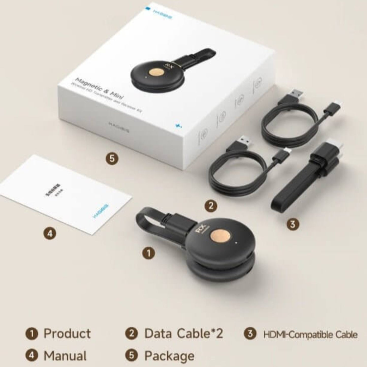 Package contents of Hagibis G10W Pro Wireless HDMI Extender Kit including product, cables, and manual.