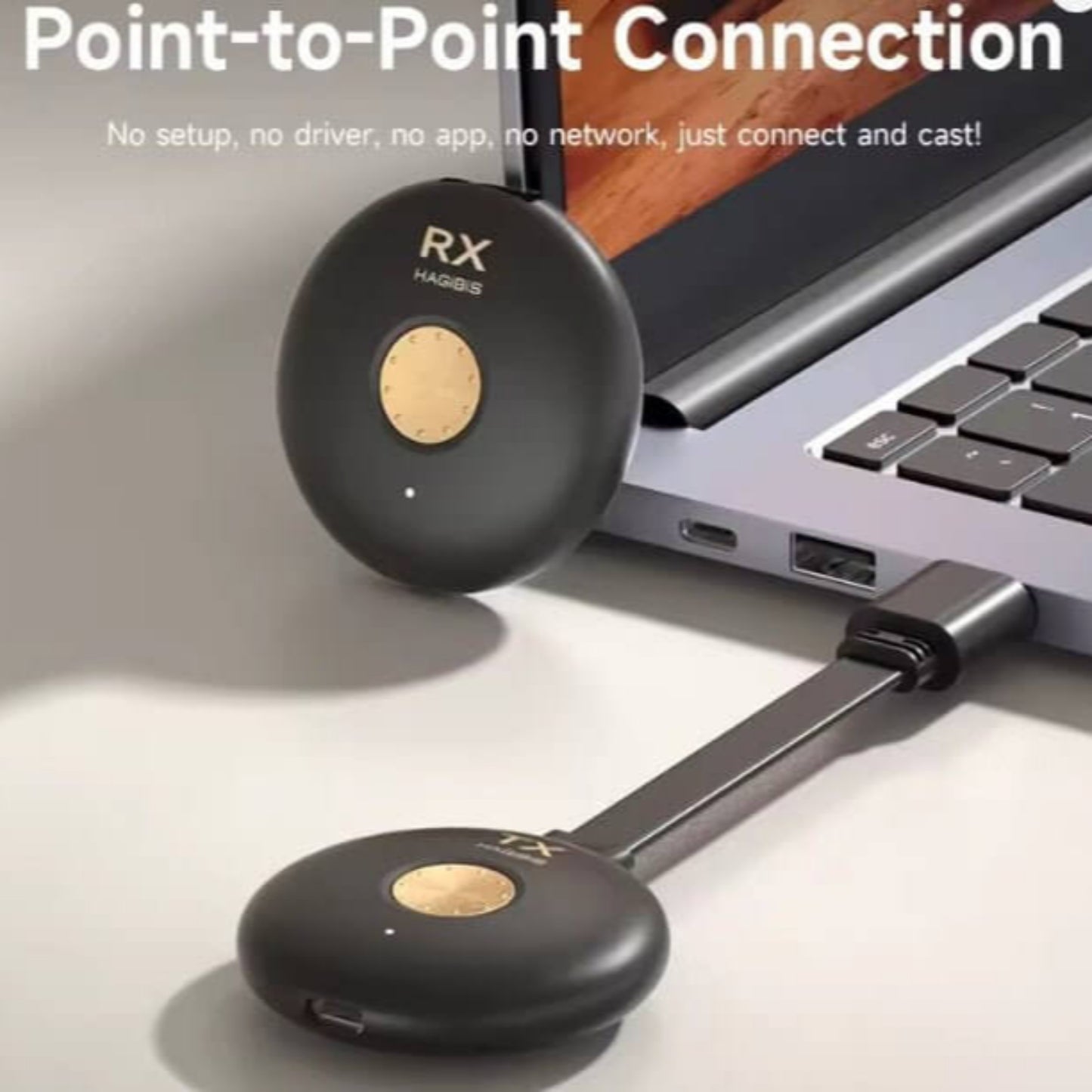 Hagibis RX wireless HDMI dongle connected to a laptop, showcasing point-to-point connection for easy screen sharing.