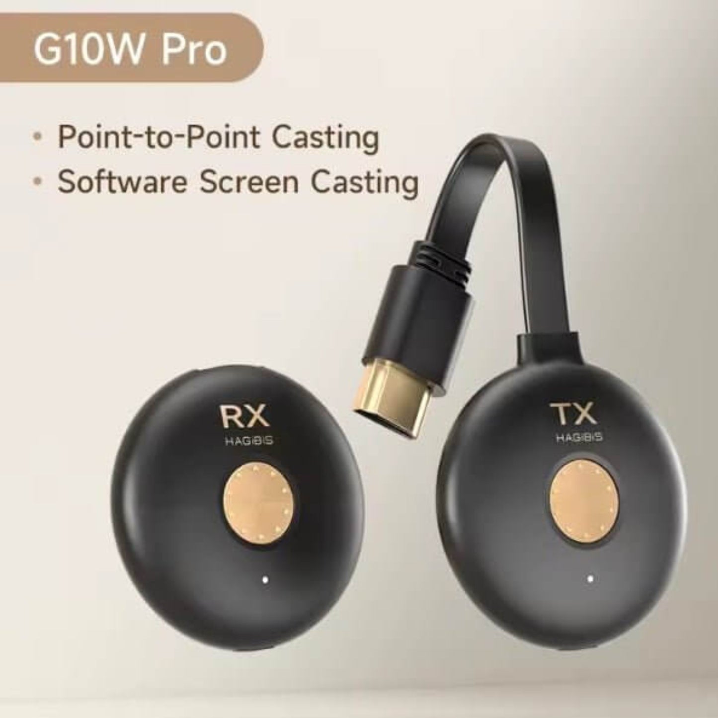 Hagibis G10W Pro Wireless HDMI Extender Kit showing RX and TX units for point-to-point and software screen casting.