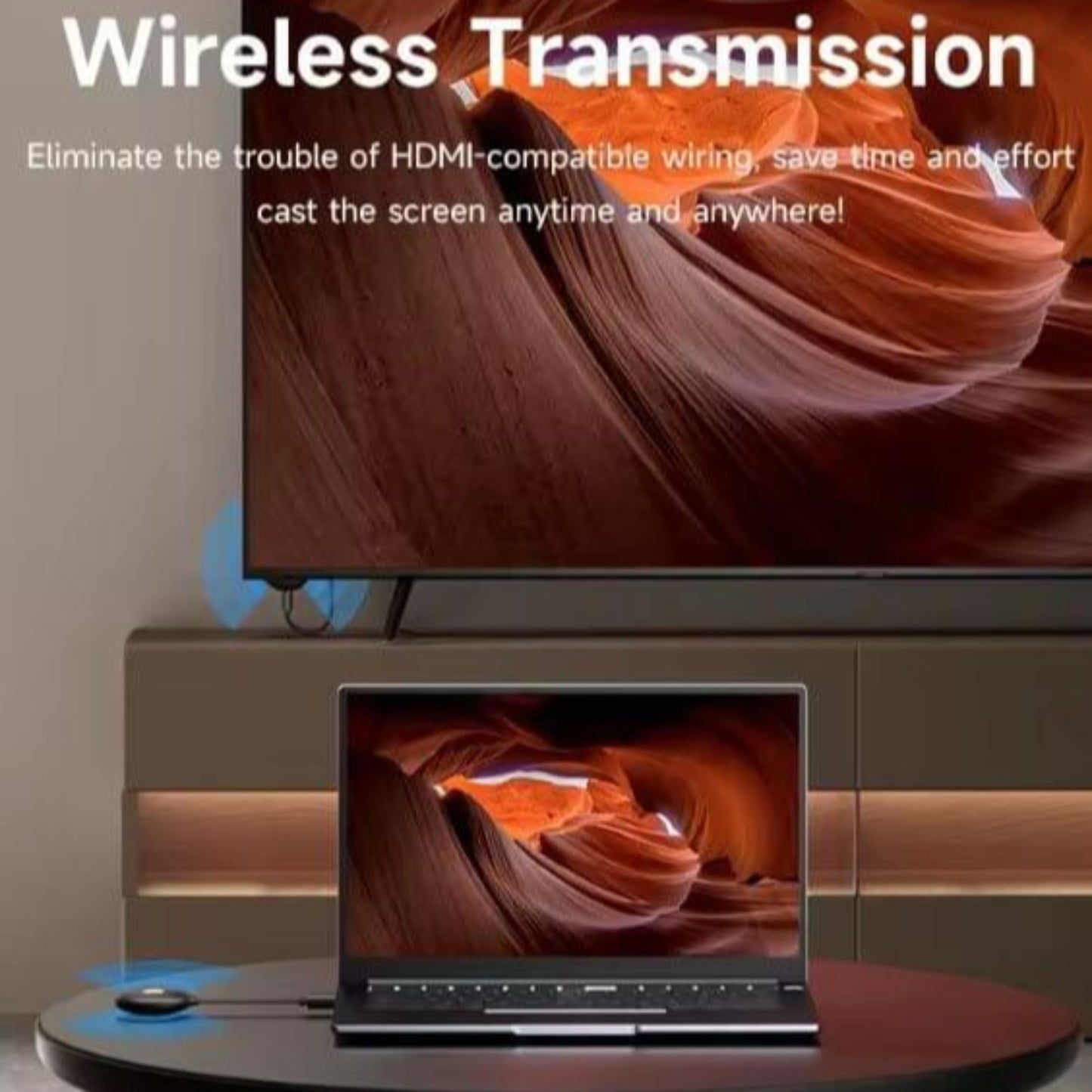 Wireless HDMI transmission image showcasing a laptop and TV displaying seamless screen casting.
