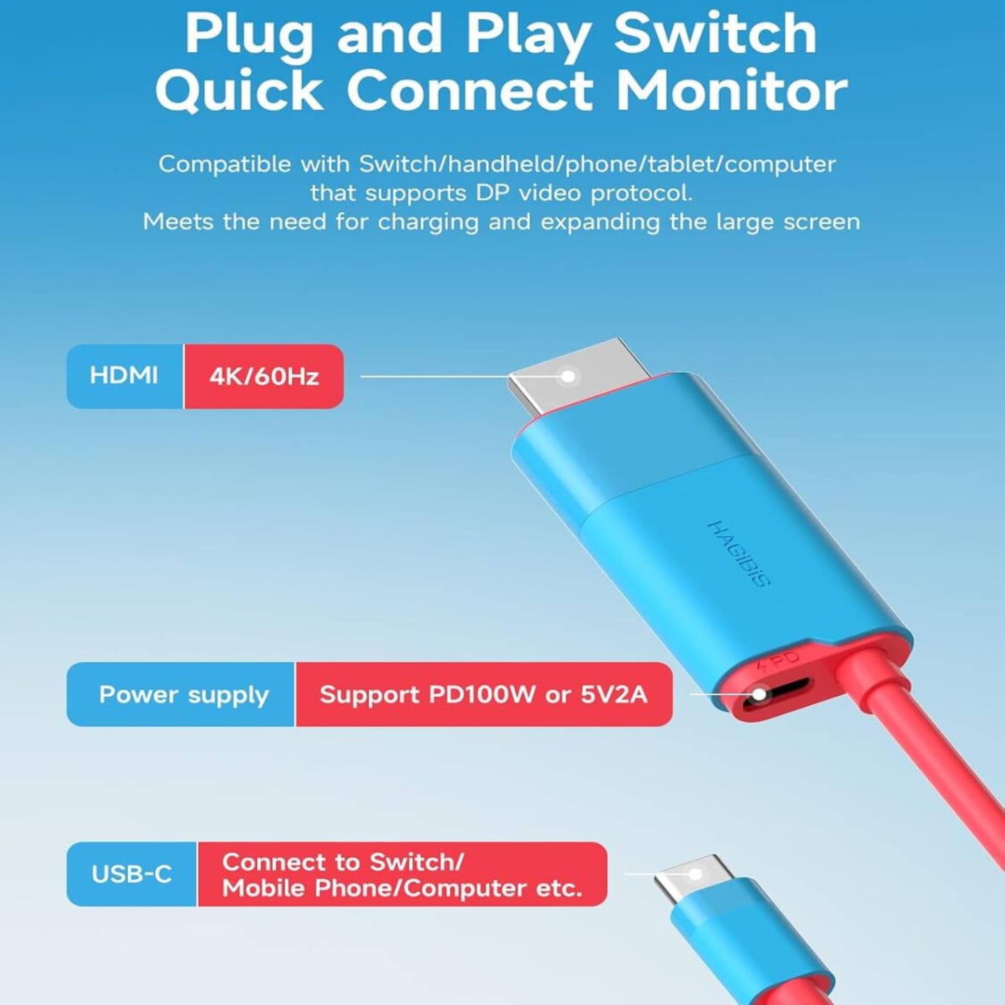 Hagibis Switch Dock HDMI adapter for Nintendo Switch, supports 4K/60Hz, USB-C connection for easy plug and play.